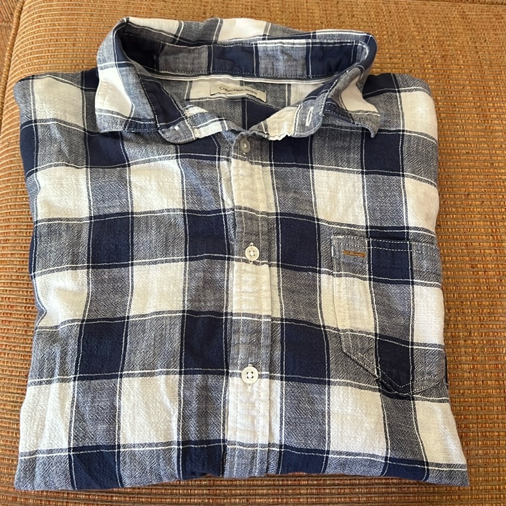 Calvin Klein Navy and White Plaid Button-Down Shirt